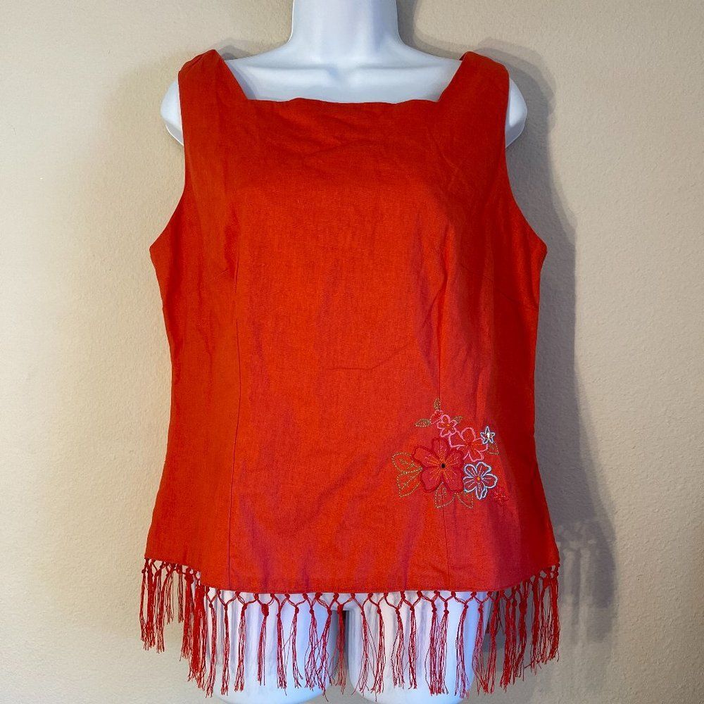 Premier International Linen Cotton Embroidered Top sleeveless fringed L